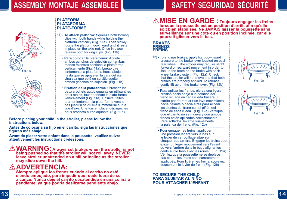 Assembly montaje assemblee, Safety seguridad sécurité, Mise en garde | Warning, Advertencia | BabyTrend TN74740 - SIT N' STAND DX TRAVEL SYSTEM - VANGUARD User Manual | Page 8 / 14