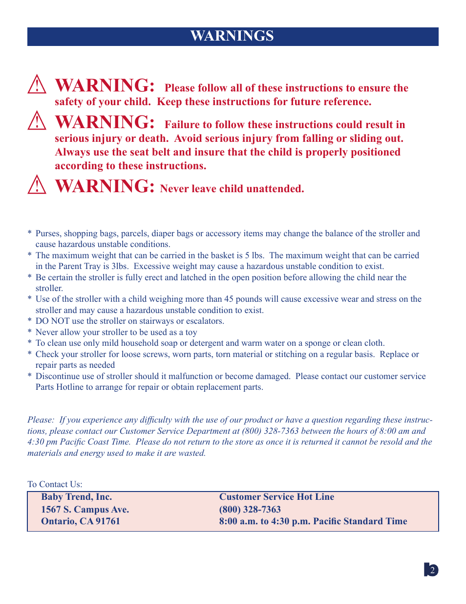 Warning, Warnings | BabyTrend 1836CT - PALM TREE TRAVEL SYSTEM User Manual | Page 2 / 9