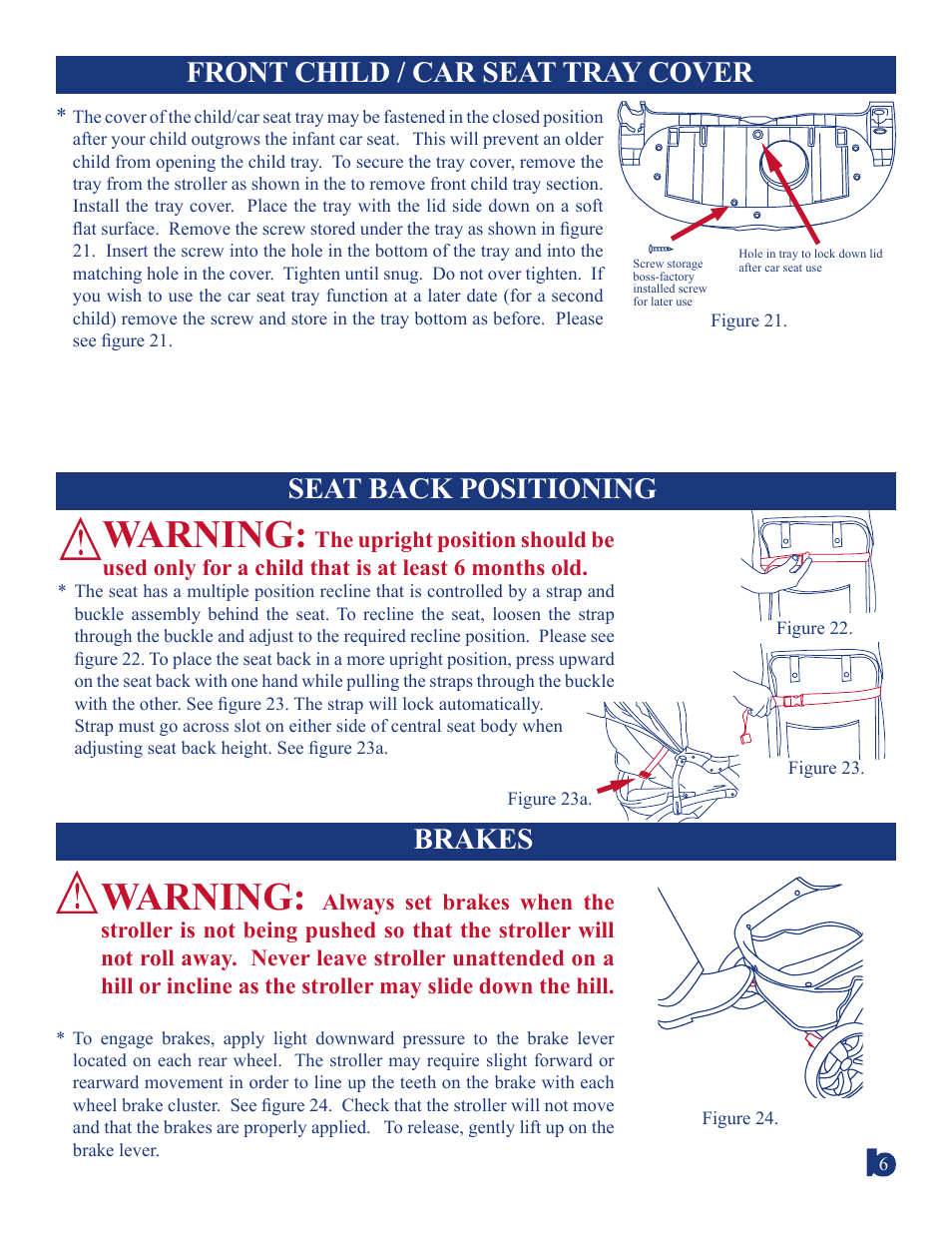 Warning, Brakes | BabyTrend 1836CT - PALM TREE TRAVEL SYSTEM User Manual | Page 6 / 9
