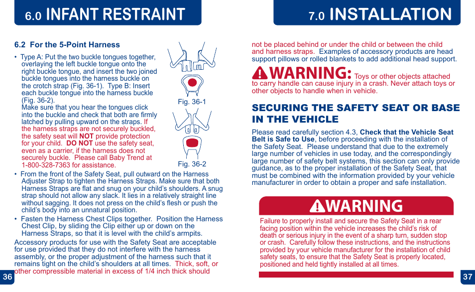 Warning, Infant restraint, Installation | BabyTrend CS31983 - FLEX-LOC INFANT CAR SEAT - ALL STAR User Manual | Page 19 / 27