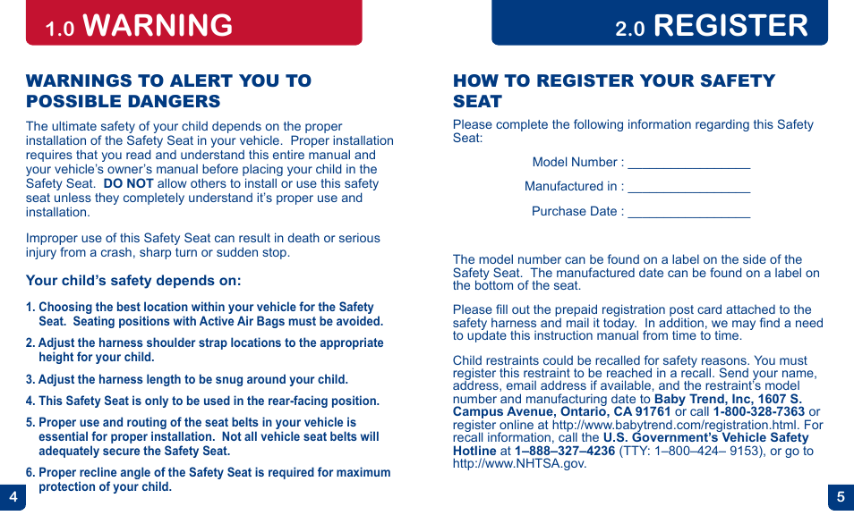 Register, Warning | BabyTrend CS31983 - FLEX-LOC INFANT CAR SEAT - ALL STAR User Manual | Page 3 / 27