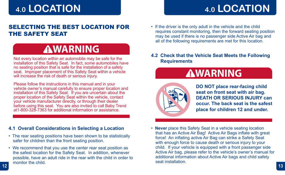 Warning, Location | BabyTrend CS31983 - FLEX-LOC INFANT CAR SEAT - ALL STAR User Manual | Page 7 / 27