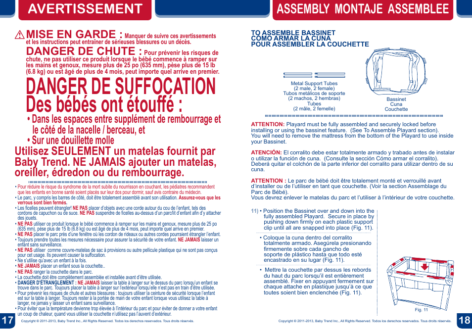 Danger de suffocation des bébés ont étouffé, Avertissement, Assembly montaje assemblee | Mise en garde, Danger de chute | BabyTrend PY81848 - NURSERY CENTER - MOONLIGHT User Manual | Page 10 / 16
