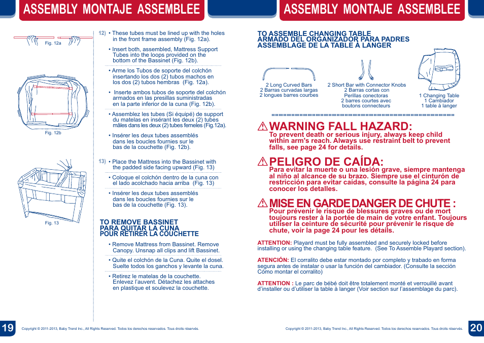 Assembly montaje assemblee, Warning fall hazard, Peligro de caída | Mise en garde, Danger de chute | BabyTrend PY81848 - NURSERY CENTER - MOONLIGHT User Manual | Page 11 / 16