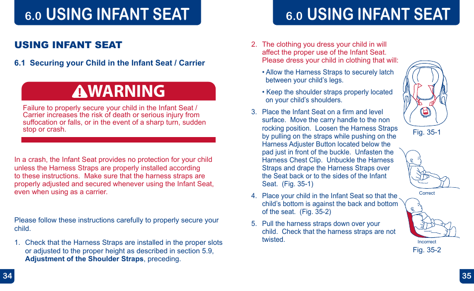 Warning, Using infant seat | BabyTrend CC13700 - EZ FLEX-LOC INFANT CAR SEAT - POMEGRANATE User Manual | Page 18 / 27