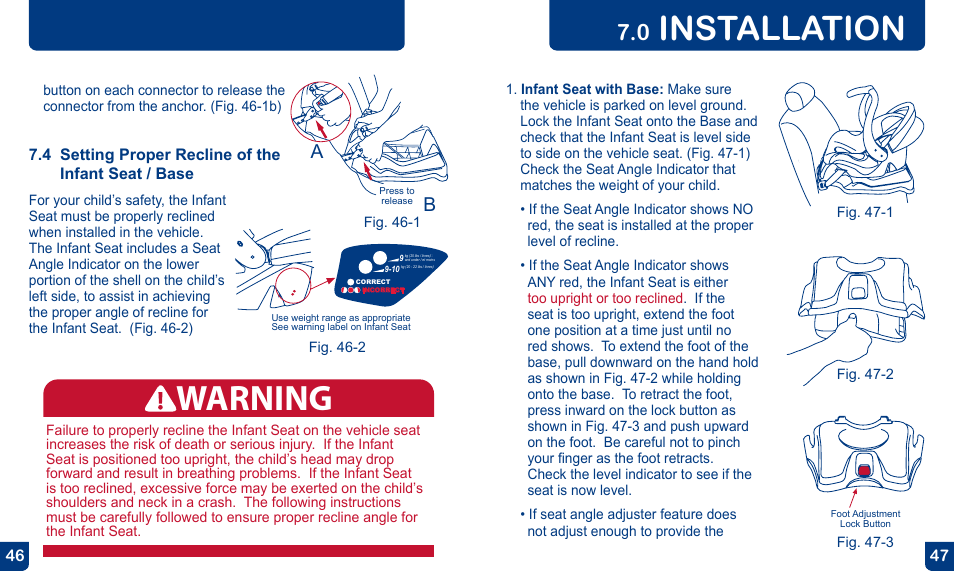 Warning, Installation | BabyTrend CC13700 - EZ FLEX-LOC INFANT CAR SEAT - POMEGRANATE User Manual | Page 24 / 27