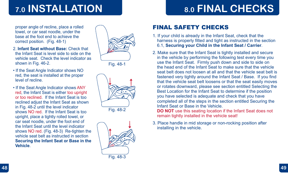 Installation, Final checks, Final safety checks | BabyTrend CC13700 - EZ FLEX-LOC INFANT CAR SEAT - POMEGRANATE User Manual | Page 25 / 27