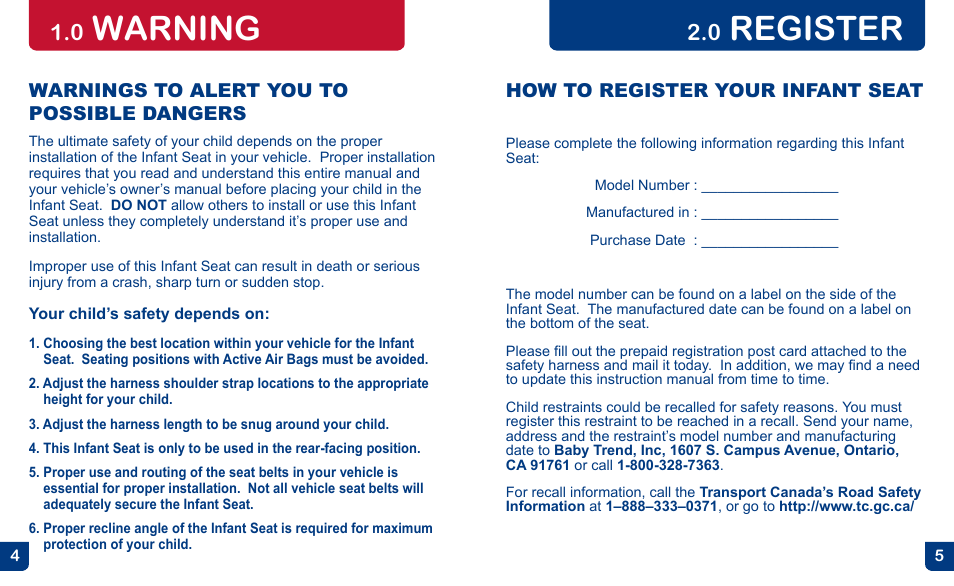 Register, Warning | BabyTrend CC13700 - EZ FLEX-LOC INFANT CAR SEAT - POMEGRANATE User Manual | Page 3 / 27