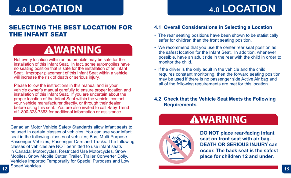 Warning, Location | BabyTrend CC13700 - EZ FLEX-LOC INFANT CAR SEAT - POMEGRANATE User Manual | Page 7 / 27