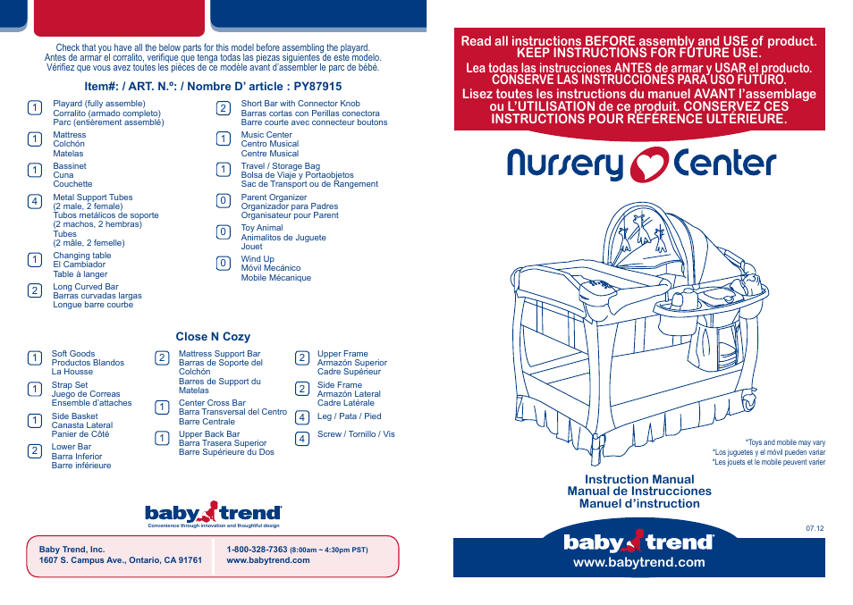 BabyTrend PY87915 - DELUXE NURSERY CENTER - NORTHRIDGE PLAID User Manual | 20 pages