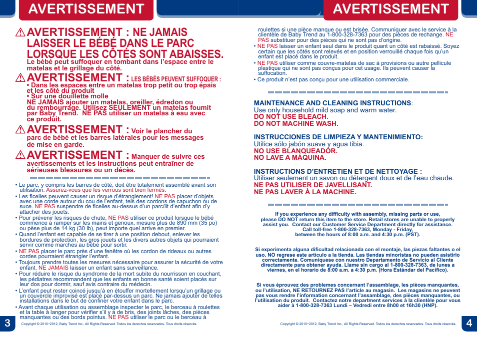 Avertissement | BabyTrend PY87906 - DELUXE NURSERY CENTER - CHRISSY User Manual | Page 3 / 20