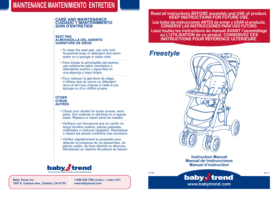 BabyTrend ST39966 - FREESTYLE STROLLER - CHLOE User Manual | 12 pages