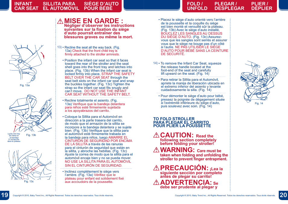 Caution, Warning, Precaución | Advertencia, Mise en garde | BabyTrend ST39966 - FREESTYLE STROLLER - CHLOE User Manual | Page 11 / 12