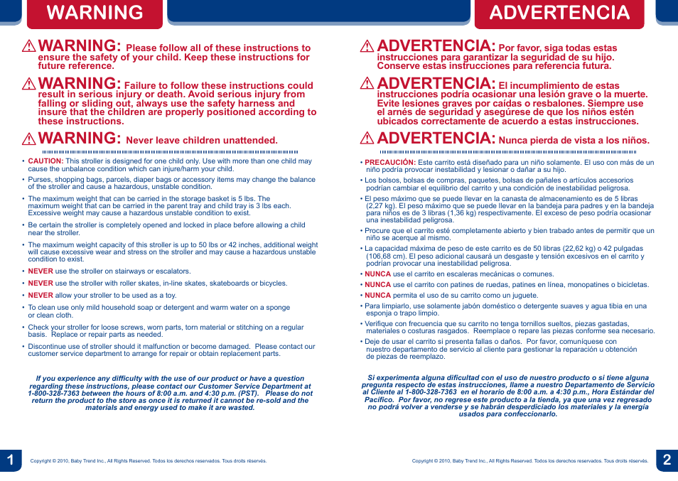 Warning, Advertencia | BabyTrend ST39966 - FREESTYLE STROLLER - CHLOE User Manual | Page 2 / 12