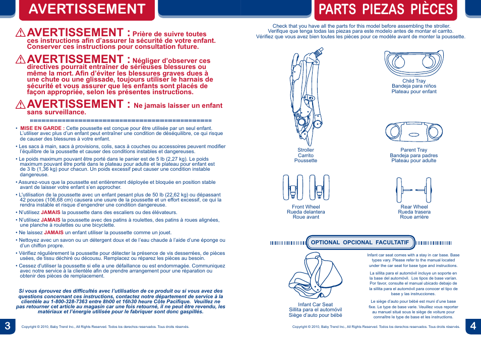 Parts piezas pièces, Avertissement | BabyTrend ST39966 - FREESTYLE STROLLER - CHLOE User Manual | Page 3 / 12