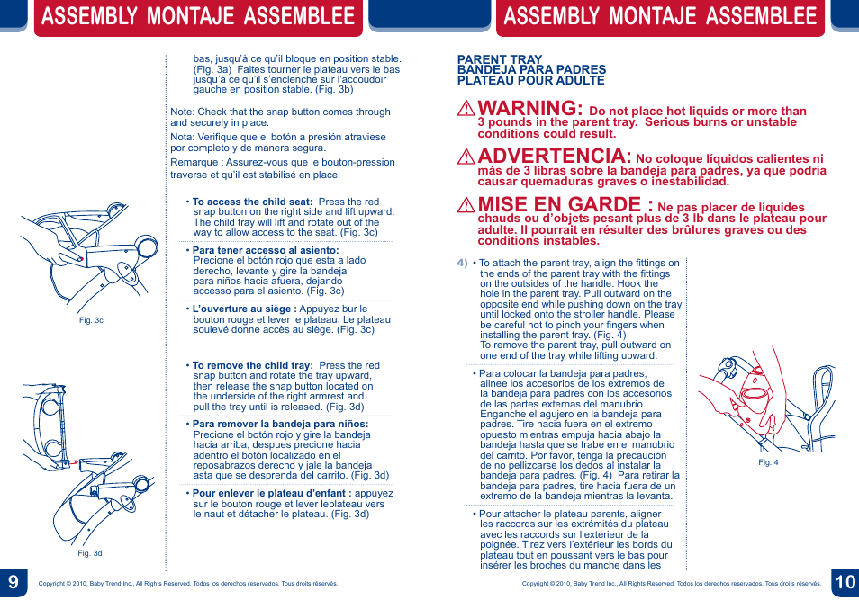 Assembly montaje assemblee, Warning, Advertencia | Mise en garde | BabyTrend ST39966 - FREESTYLE STROLLER - CHLOE User Manual | Page 6 / 12