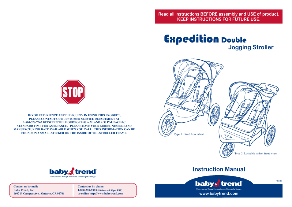 BabyTrend 9165TW - EXPEDITION DOUBLE JOGGER - ORANGE OAK User Manual | 8 pages