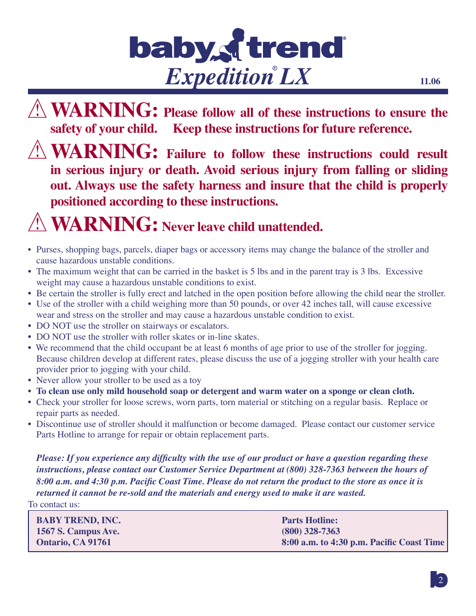 Expedition lx, Warning, Never leave child unattended | BabyTrend 9118A - EXPEDITION LX - SPICE User Manual | Page 2 / 8