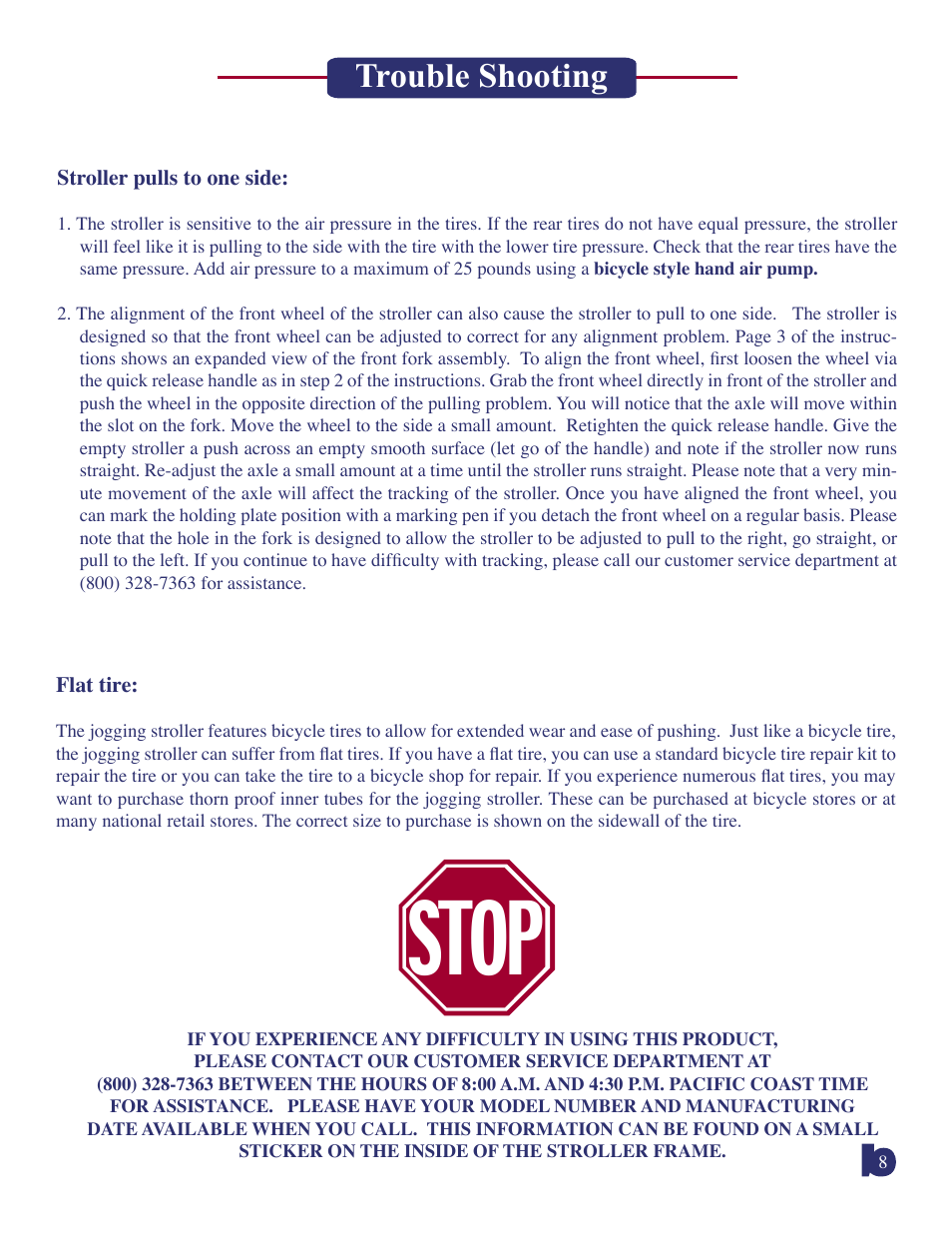 Stop, Trouble shooting | BabyTrend 9118A - EXPEDITION LX - SPICE User Manual | Page 8 / 8