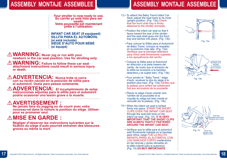 Assembly montaje assemblee, Mise en garde, Warning | Advertencia, Avertissement | BabyTrend DX60553 - NAVIGATOR JOGGER - RIVIERA User Manual | Page 10 / 18