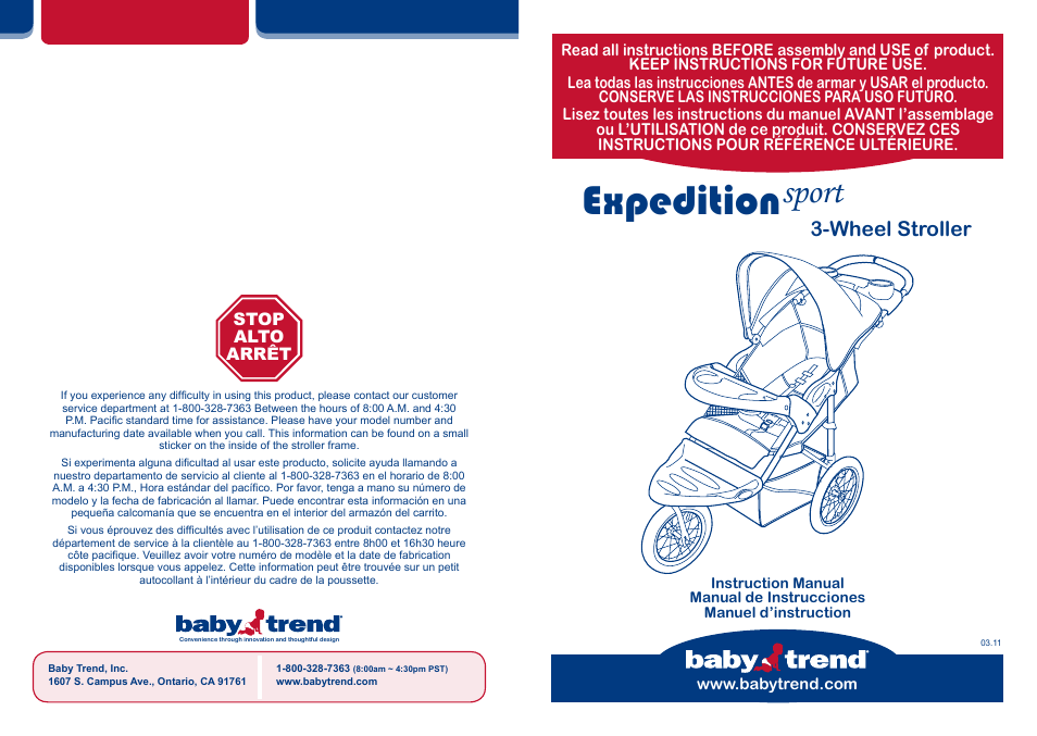 BabyTrend JG90309 - EXPEDITION SPORT 3-WHEEL STROLLER - ECHO User Manual | 14 pages