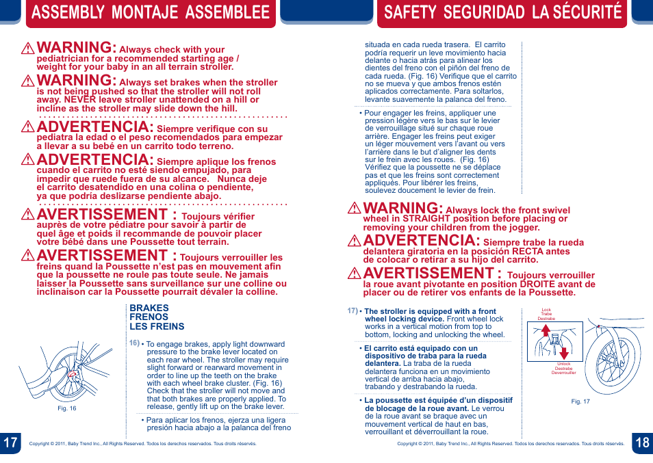Assembly montaje assemblee, Safety seguridad la sécurité, Warning | Advertencia, Avertissement | BabyTrend JG90309 - EXPEDITION SPORT 3-WHEEL STROLLER - ECHO User Manual | Page 10 / 14