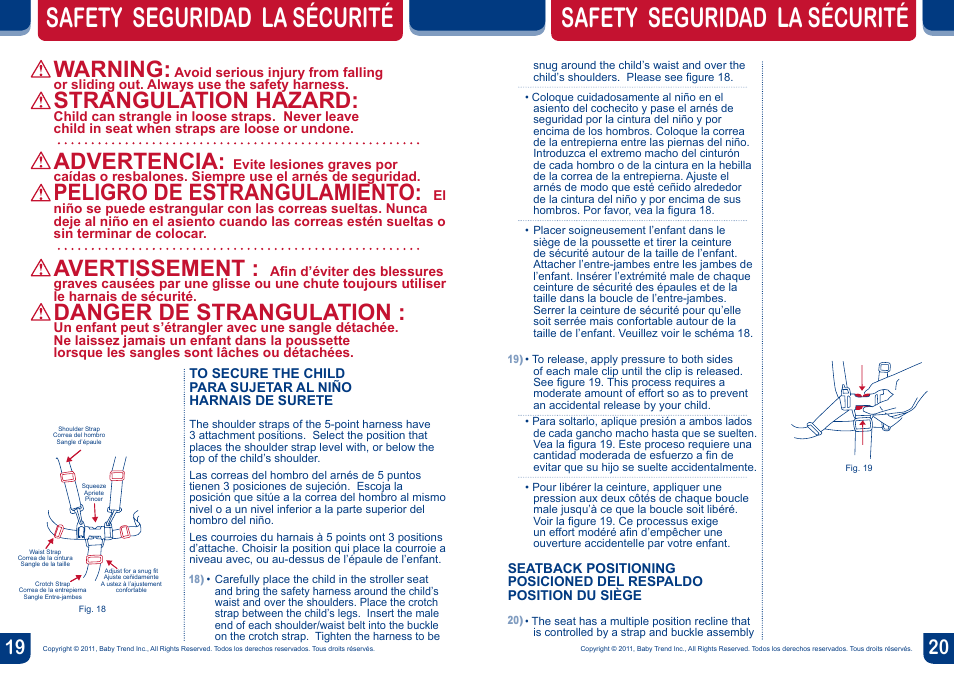 Safety seguridad la sécurité, Warning, Strangulation hazard | Advertencia, Peligro de estrangulamiento, Avertissement, Danger de strangulation | BabyTrend JG90309 - EXPEDITION SPORT 3-WHEEL STROLLER - ECHO User Manual | Page 11 / 14