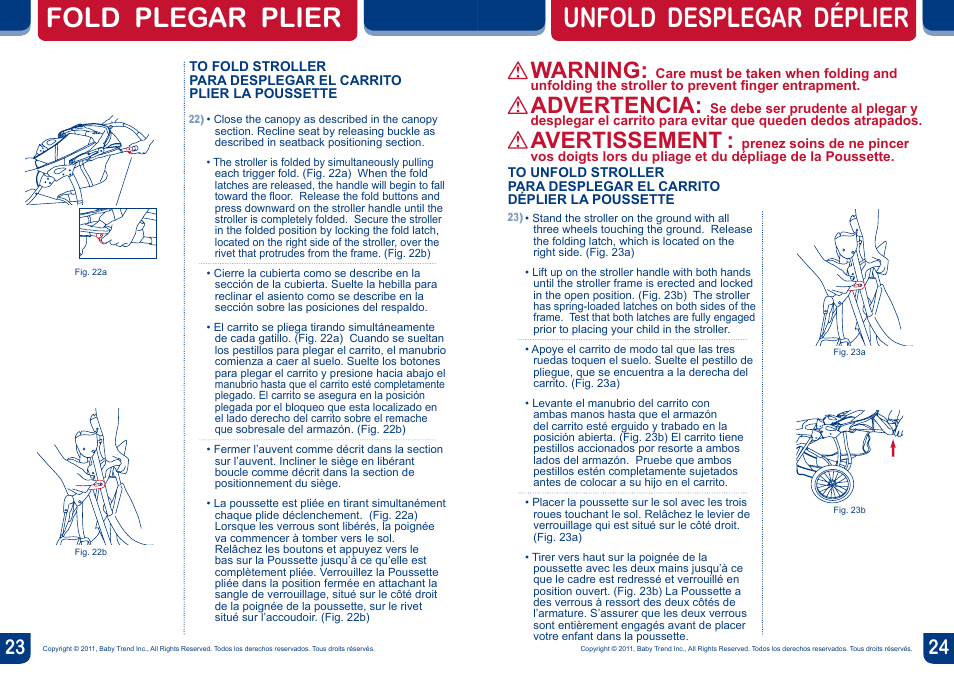 Unfold desplegar déplier fold plegar plier, Warning, Advertencia | Avertissement | BabyTrend JG90309 - EXPEDITION SPORT 3-WHEEL STROLLER - ECHO User Manual | Page 13 / 14