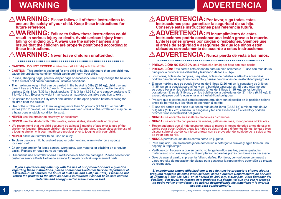 Warning, Advertencia | BabyTrend JG90309 - EXPEDITION SPORT 3-WHEEL STROLLER - ECHO User Manual | Page 2 / 14