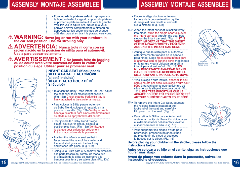 Assembly montaje assemblee, Warning, Advertencia | Avertissement | BabyTrend JG90309 - EXPEDITION SPORT 3-WHEEL STROLLER - ECHO User Manual | Page 9 / 14