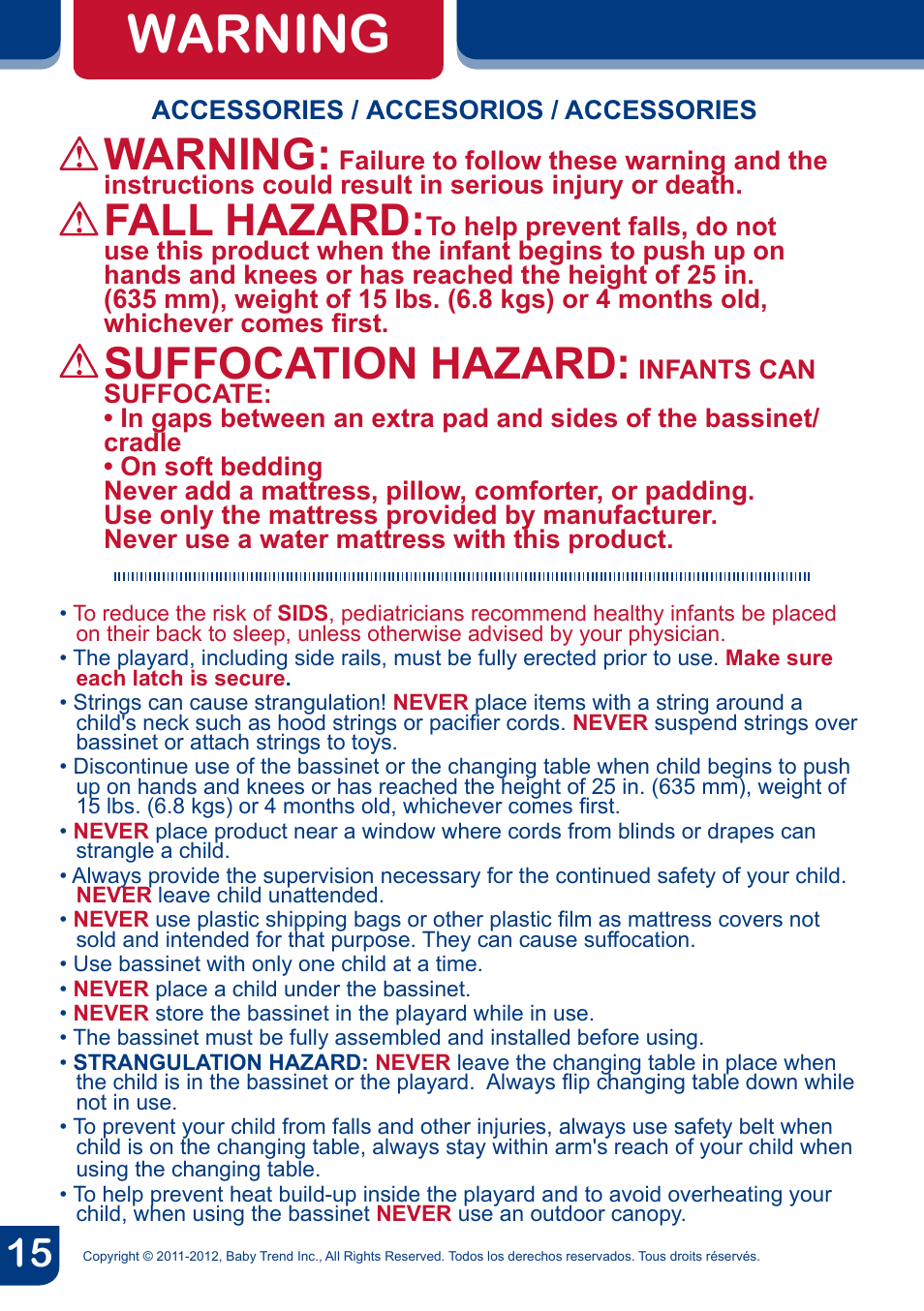 Warning, Fall hazard, Suffocation hazard | BabyTrend PY81958 - NURSERY CENTER - CYBER User Manual | Page 17 / 32