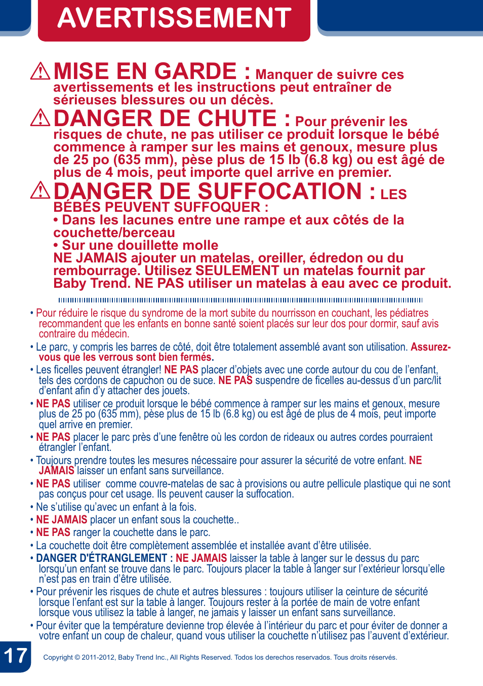 Avertissement, Mise en garde, Danger de chute | Danger de suffocation | BabyTrend PY81958 - NURSERY CENTER - CYBER User Manual | Page 19 / 32