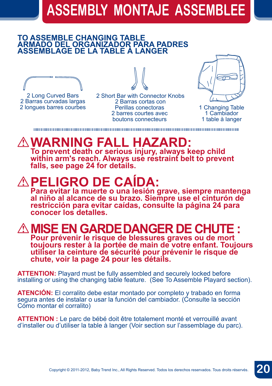 Assembly montaje assemblee, Warning fall hazard, Peligro de caída | Mise en garde, Danger de chute | BabyTrend PY81958 - NURSERY CENTER - CYBER User Manual | Page 22 / 32