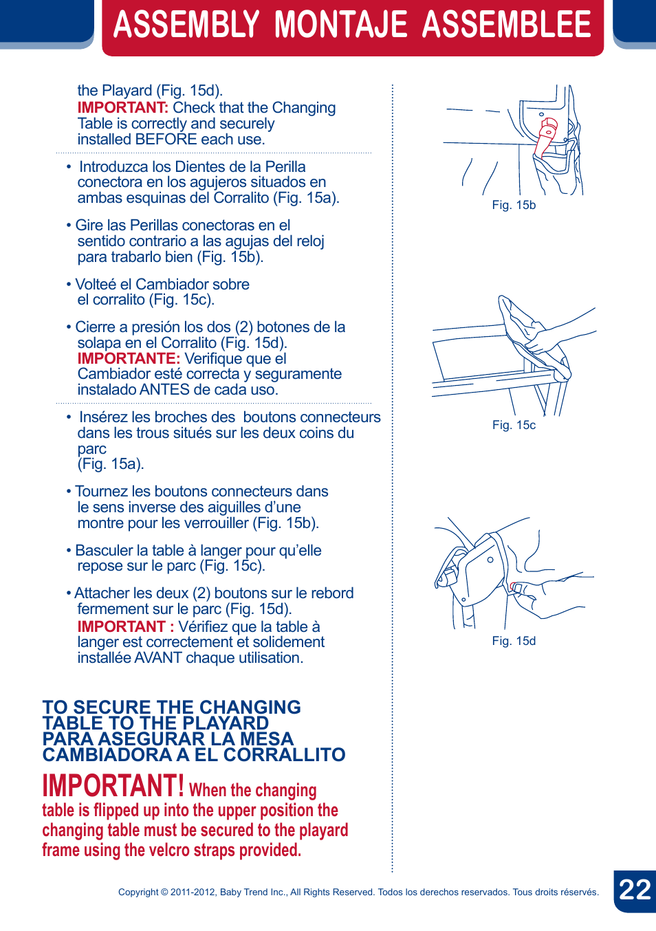 Assembly montaje assemblee, Important | BabyTrend PY81958 - NURSERY CENTER - CYBER User Manual | Page 24 / 32