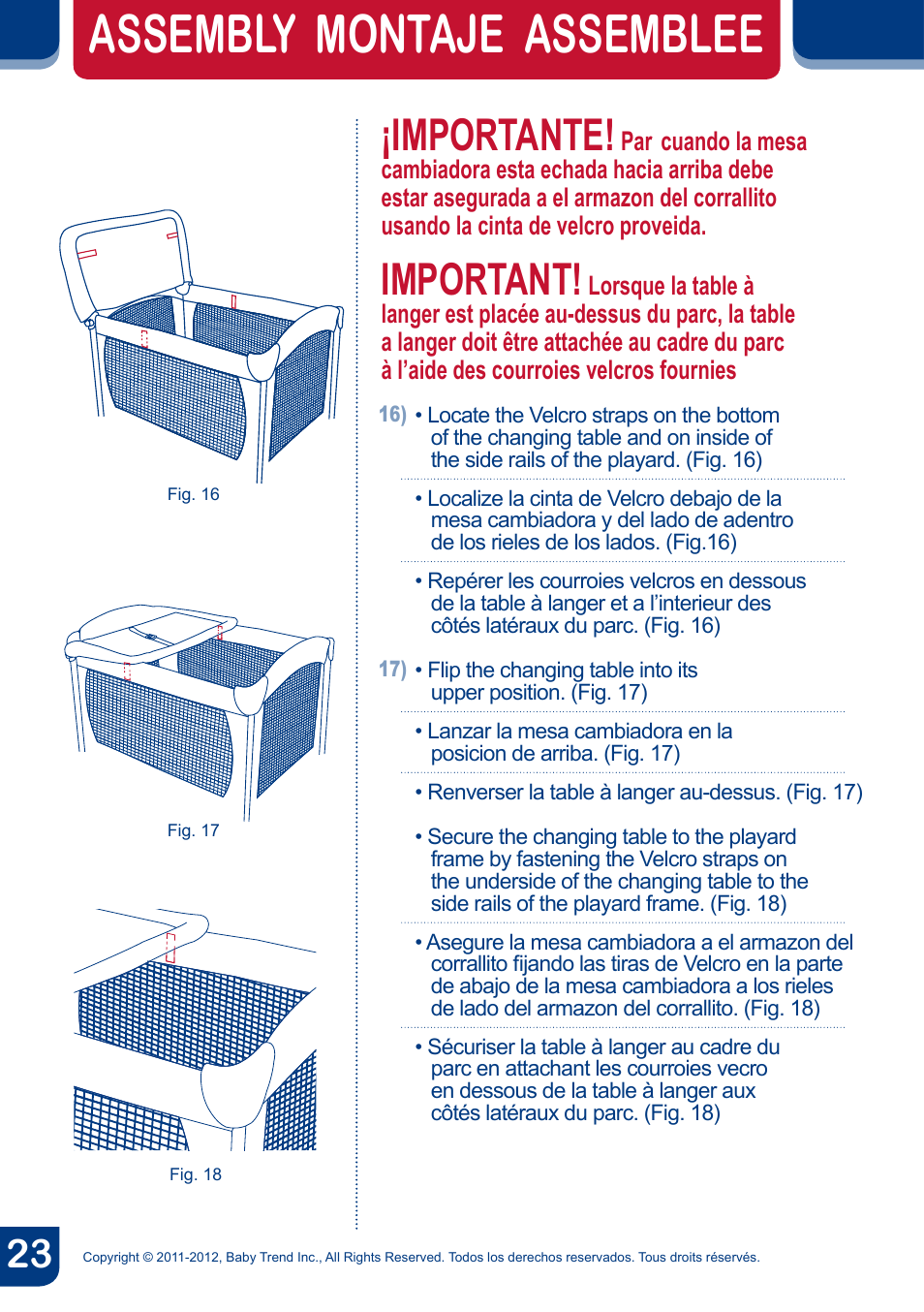 Assembly montaje assemblee, Importante, Important | BabyTrend PY81958 - NURSERY CENTER - CYBER User Manual | Page 25 / 32