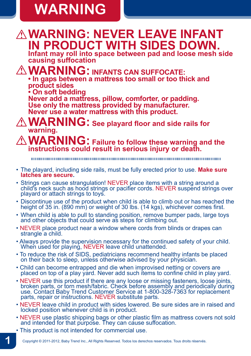 Warning | BabyTrend PY81958 - NURSERY CENTER - CYBER User Manual | Page 3 / 32
