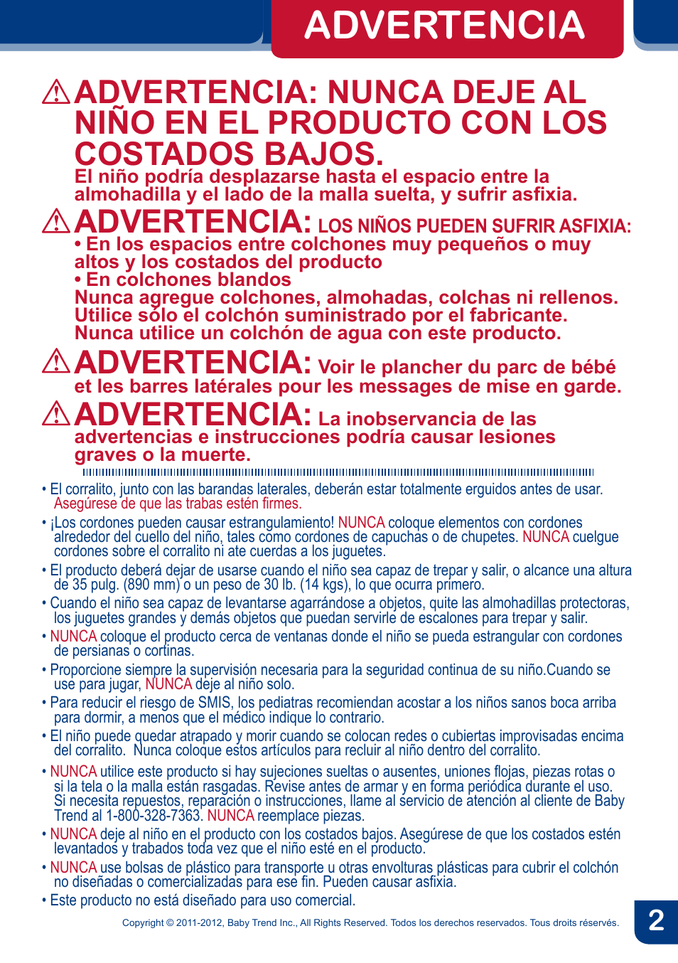 Advertencia | BabyTrend PY81958 - NURSERY CENTER - CYBER User Manual | Page 4 / 32