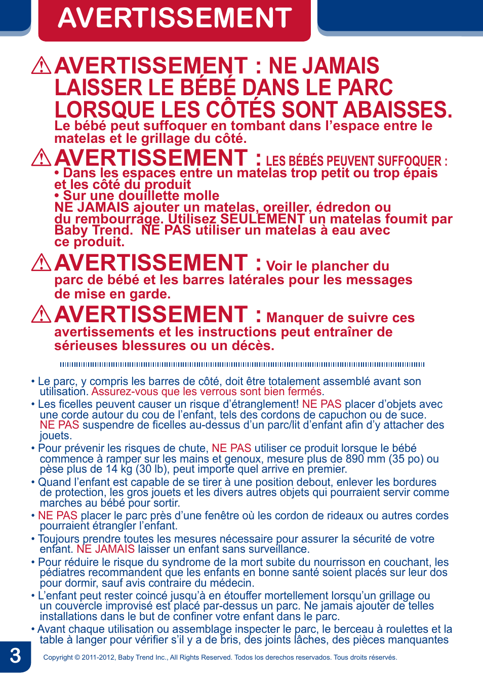 Avertissement | BabyTrend PY81958 - NURSERY CENTER - CYBER User Manual | Page 5 / 32