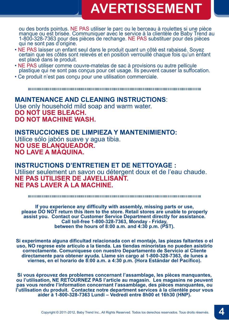 Avertissement | BabyTrend PY81958 - NURSERY CENTER - CYBER User Manual | Page 6 / 32