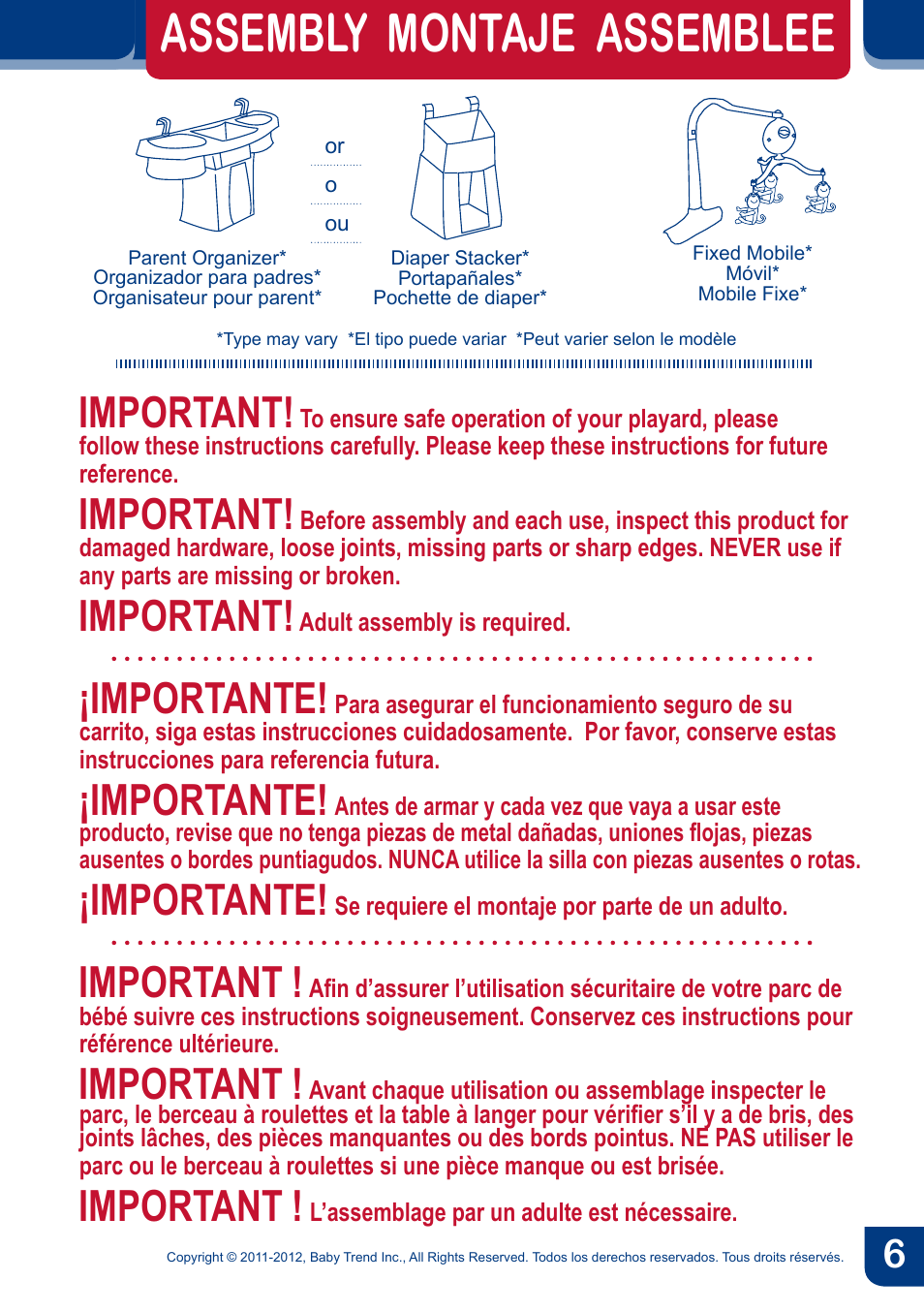 Assembly montaje assemblee, Important, Importante | BabyTrend PY81958 - NURSERY CENTER - CYBER User Manual | Page 8 / 32