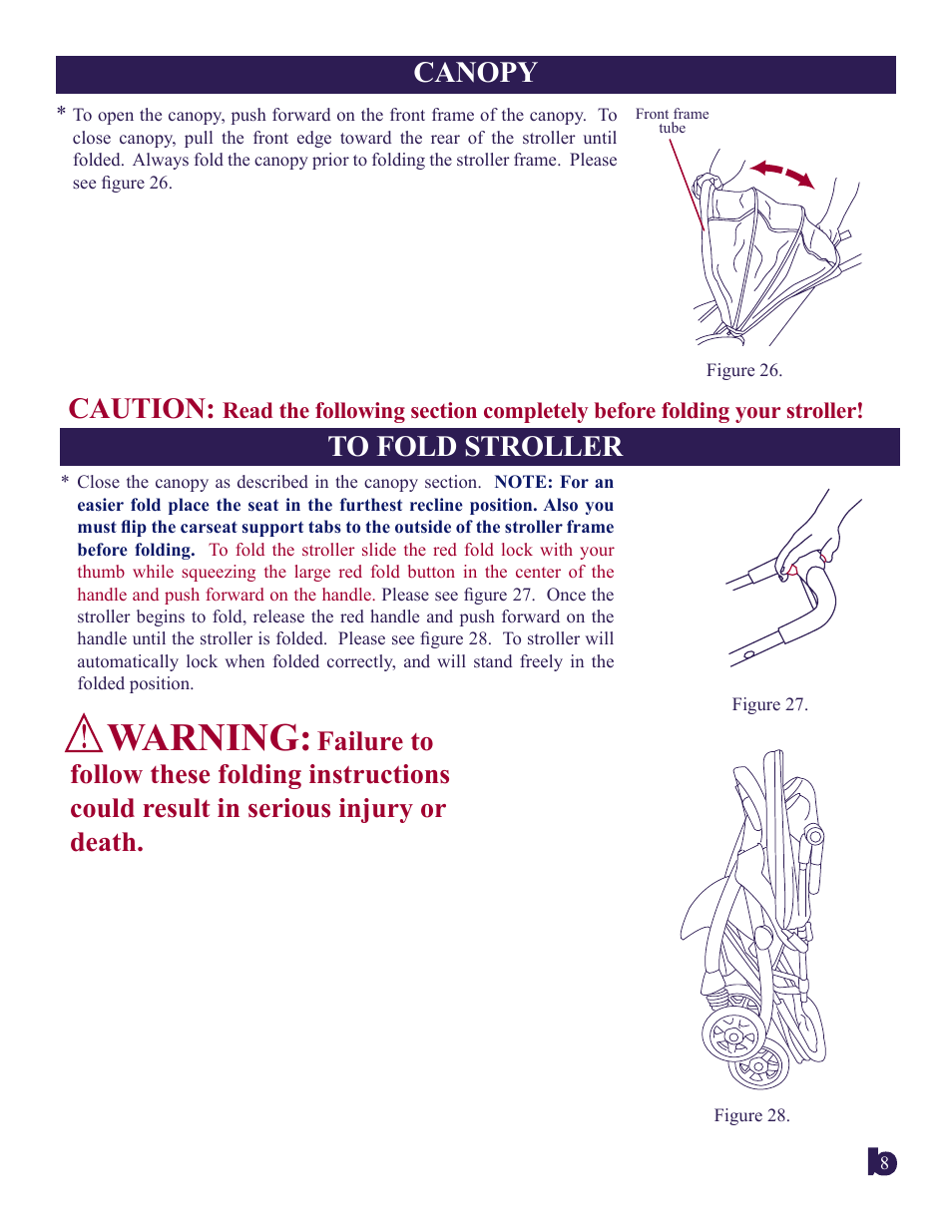 Warning, Canopy, Caution | BabyTrend 1871CT - SPUNKY TRAVEL SYSTEM User Manual | Page 8 / 9