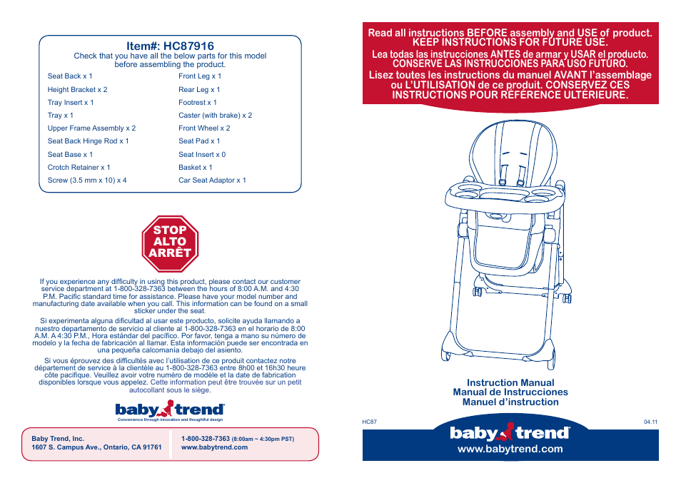 BabyTrend HC87916 - ACCENT HIGH CHAIR - ZULU User Manual | 14 pages