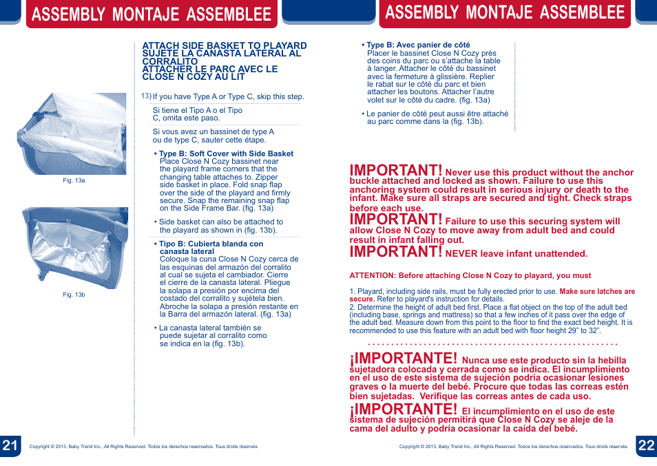 Warning, Assembly montaje assemblee, Important | Importante | BabyTrend CA66301 - CLOSE N COZY BASSINET User Manual | Page 12 / 18