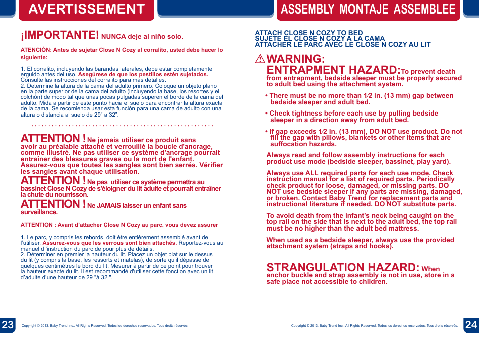 Avertissement assembly montaje assemblee, Warning, Entrapment hazard | Strangulation hazard, Importante, Attention | BabyTrend CA66301 - CLOSE N COZY BASSINET User Manual | Page 13 / 18