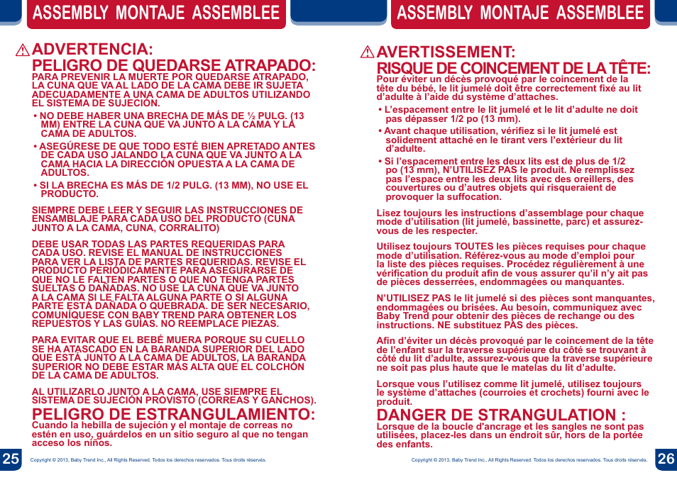 Assembly montaje assemblee, Avertissement: risque de coincement de la tête, Danger de strangulation | Advertencia: peligro de quedarse atrapado, Peligro de estrangulamiento | BabyTrend CA66301 - CLOSE N COZY BASSINET User Manual | Page 14 / 18