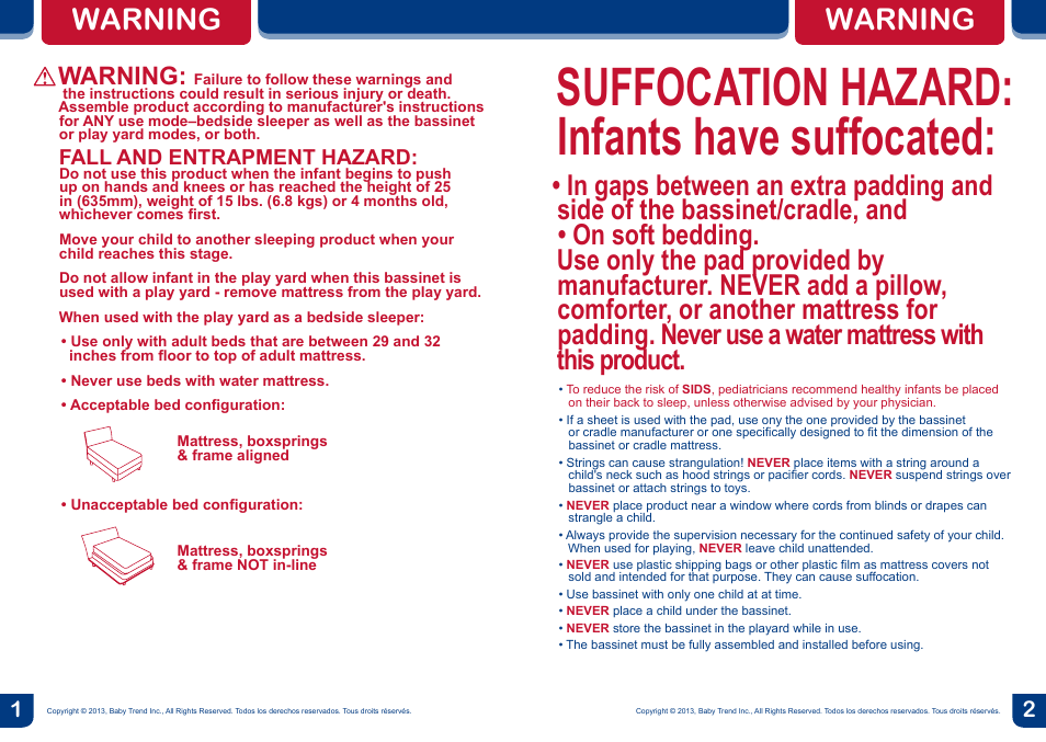 Suffocation hazard: infants have suffocated, Warning, Fall and entrapment hazard | BabyTrend CA66301 - CLOSE N COZY BASSINET User Manual | Page 2 / 18