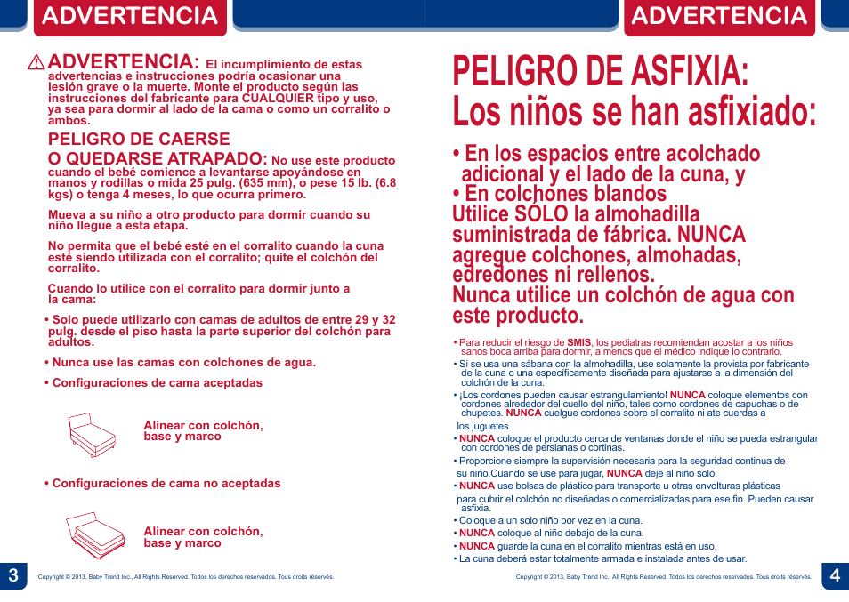 Peligro de asfixia: los niños se han asfixiado, Warning, Advertencia | Peligro de caerse o quedarse atrapado | BabyTrend CA66301 - CLOSE N COZY BASSINET User Manual | Page 3 / 18