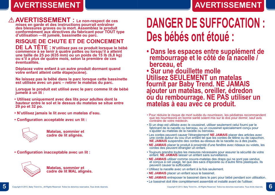 Danger de suffocation : des bébés ont étoué, Warning, Avertissement | Risque de chute et de coincement de la tête | BabyTrend CA66301 - CLOSE N COZY BASSINET User Manual | Page 4 / 18