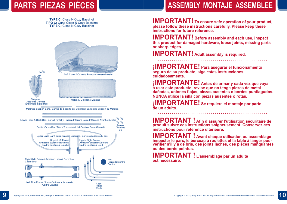 Parts piezas pièces, Assembly montaje assemblee, Important | Importante | BabyTrend CA66301 - CLOSE N COZY BASSINET User Manual | Page 6 / 18