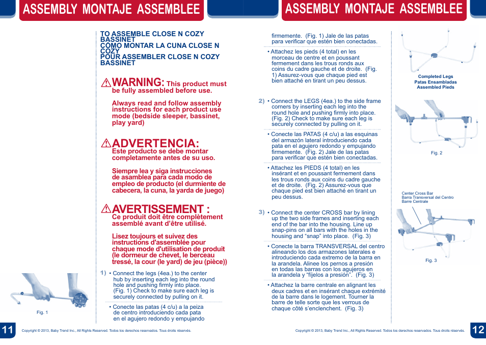 Assembly montaje assemblee, Warning, Advertencia | Avertissement | BabyTrend CA66301 - CLOSE N COZY BASSINET User Manual | Page 7 / 18